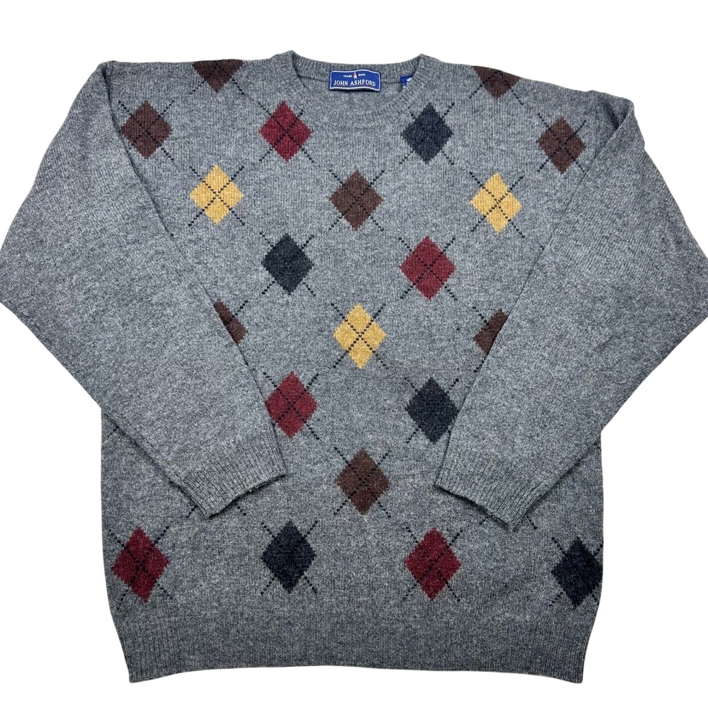 Argyle Lambswool Sweater Mens L Gray 100% pure‎ new wool Crew Neck *see pic